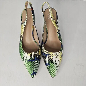 Pointed Slingback Heels in Green Multicolor Snake Print